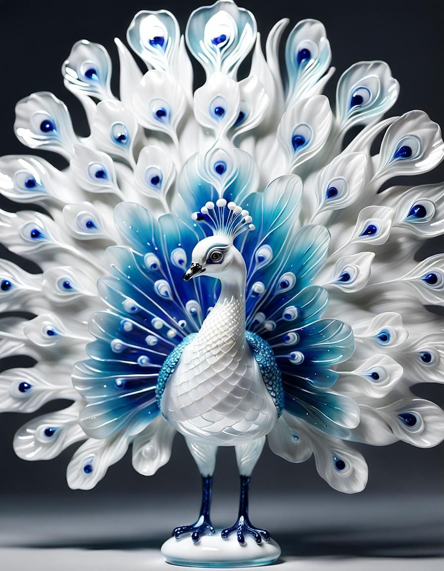 enameled glass figurine of a white peacock