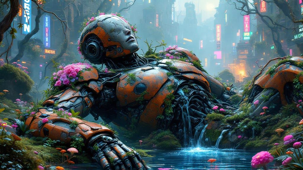 Ancient Robot in Overgrown Post-Apocalyptic Paradise