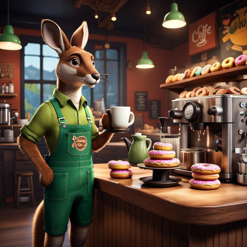 Kangaroo Barista with Coffee and Donuts in 3D