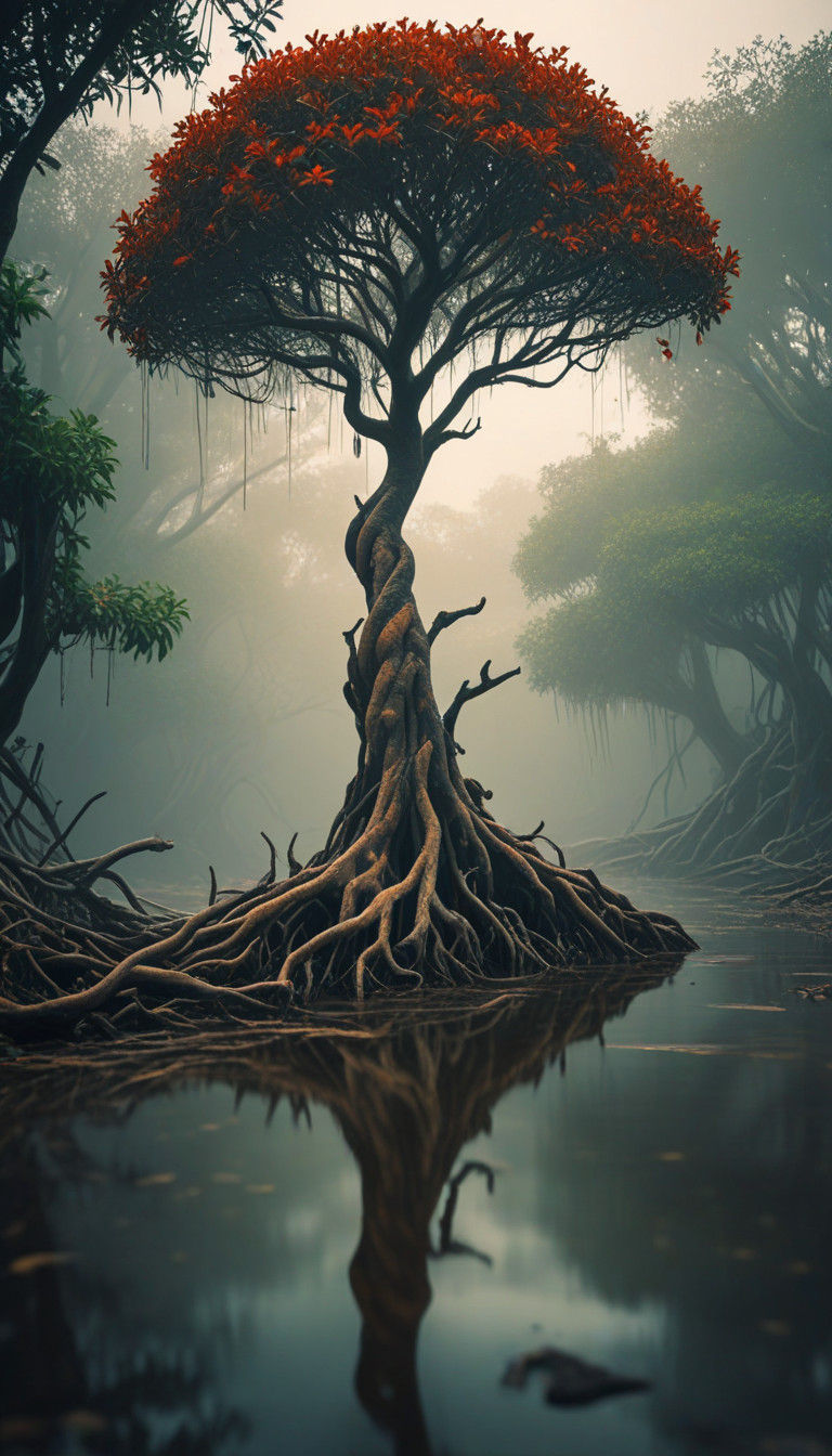 Surreal Oil Painting of a Mangrove Tree in Eerie, Golden Lig...