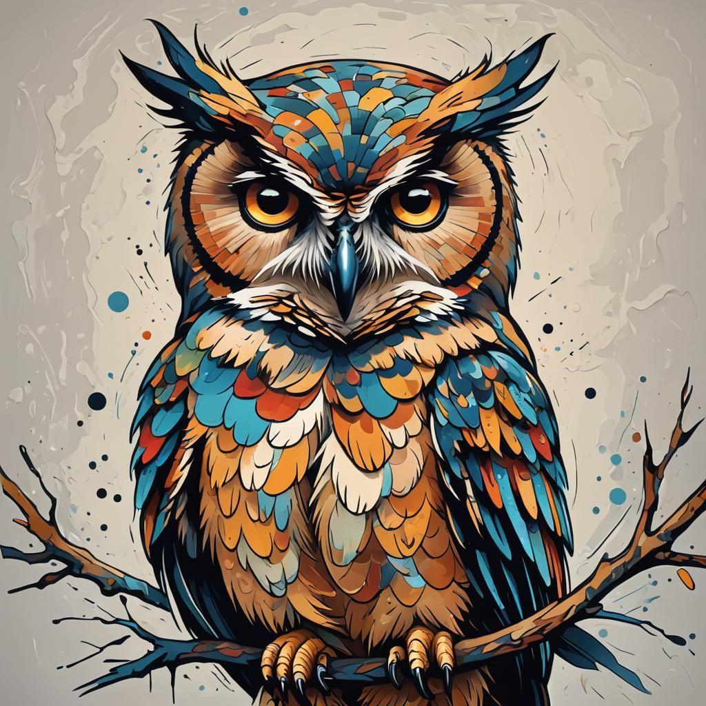 Minimalist Tattoo Design: Sassy Owl in Neo-Impressionist Sty...