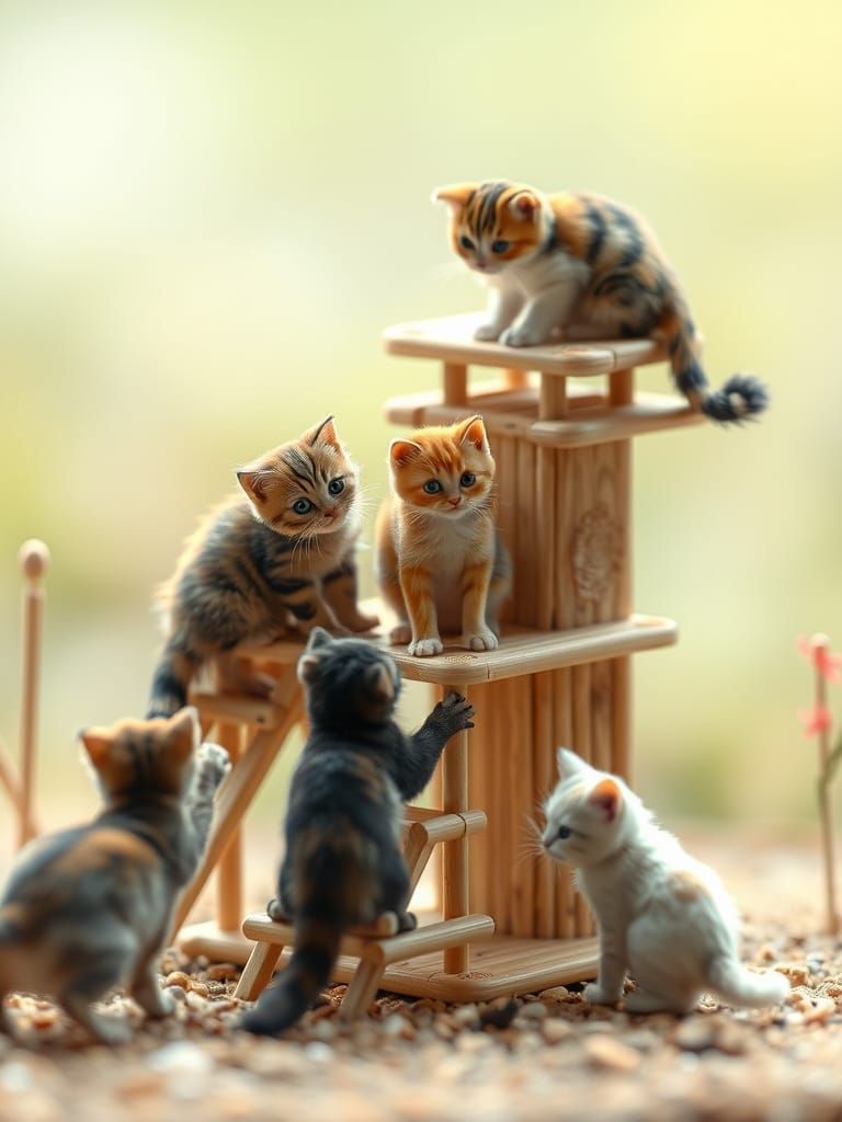 Microscopic Cats Play in Diorama World
