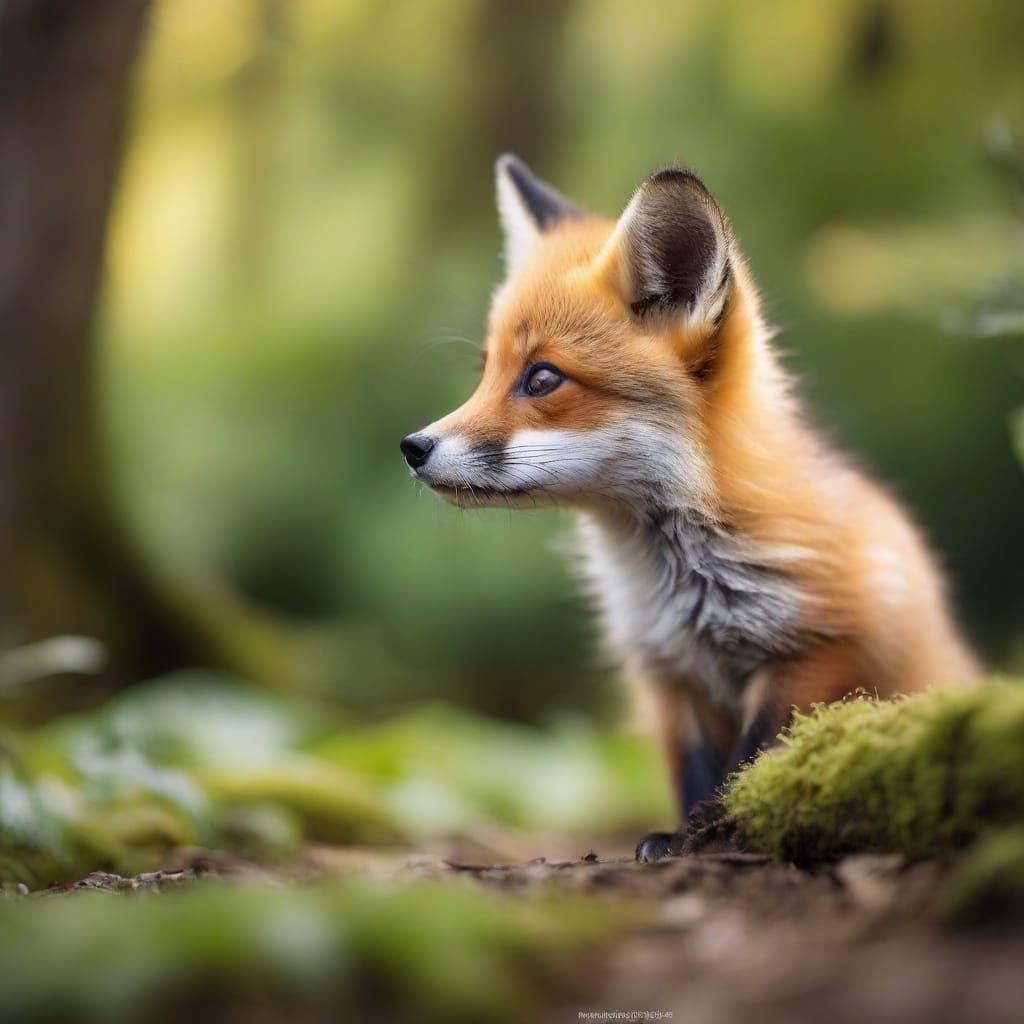 Whimsical Wildlife Scene of a Baby Fox in a Cozy Forest Sett...