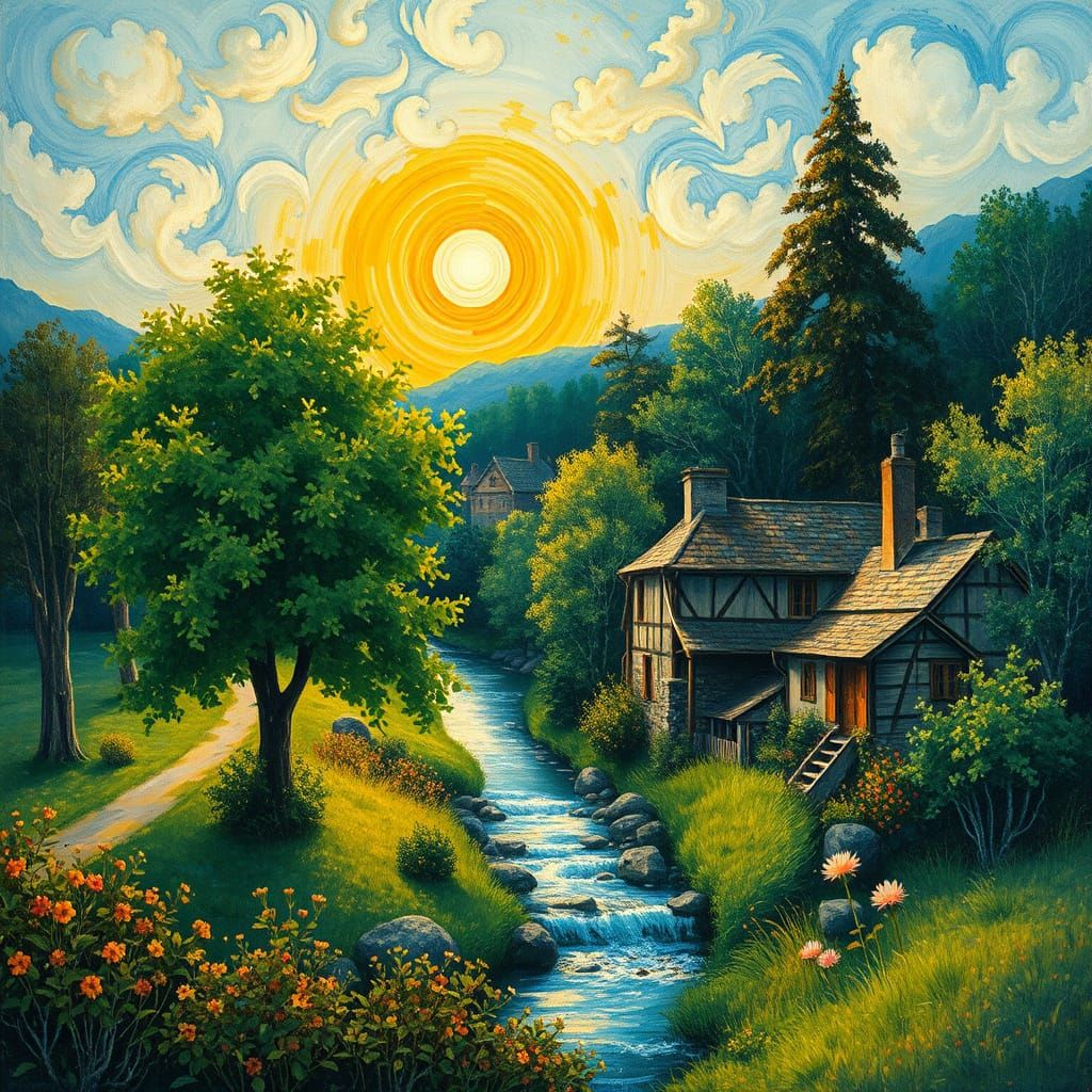 Impressionist Fantasy Village with Golden Accents