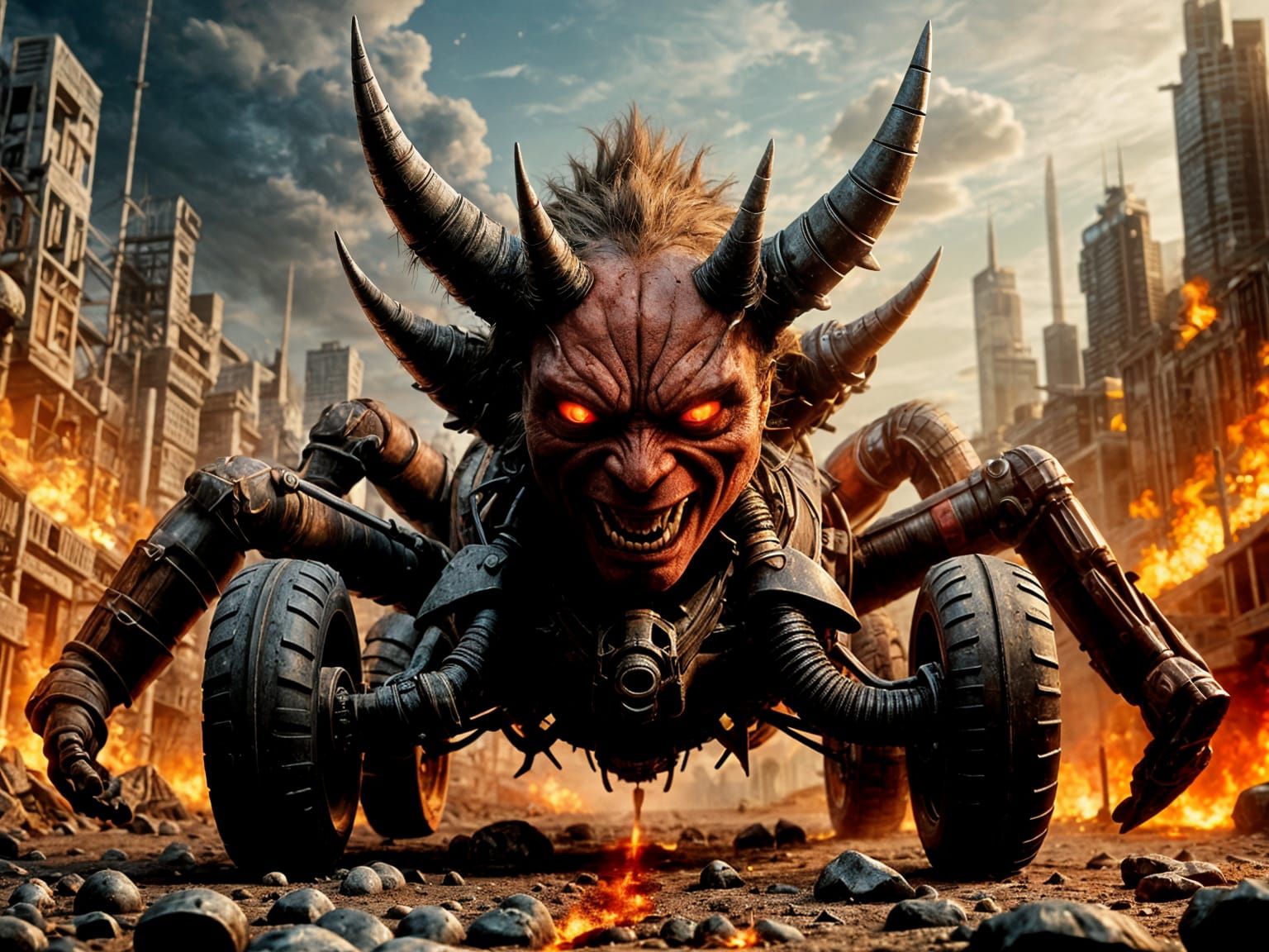 Chibi Demon Races Spider Tank in Mad Max Style