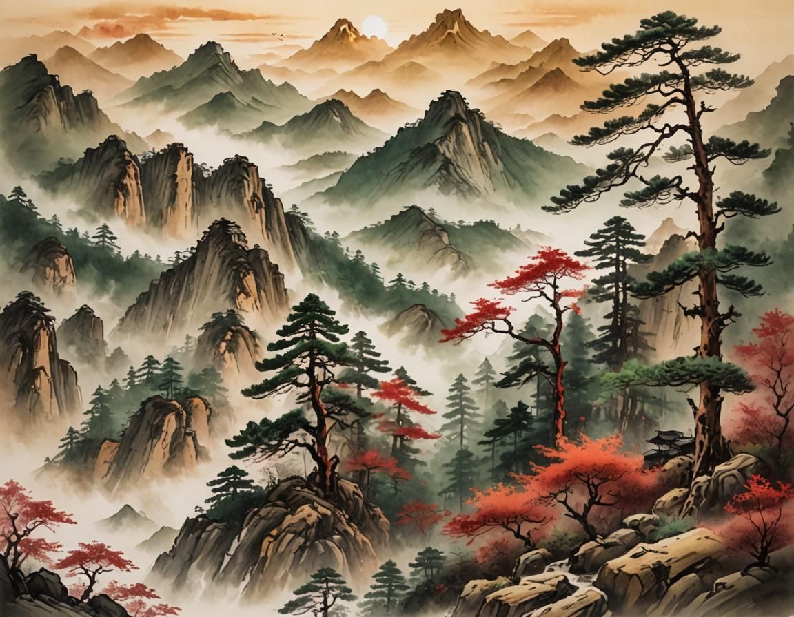 Majestic Mountains in East Asian Ink Wash Style