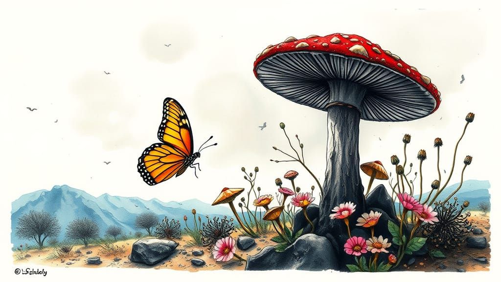 Vibrant Fairy Unfolds in a Desert Oasis, Ink Drawing