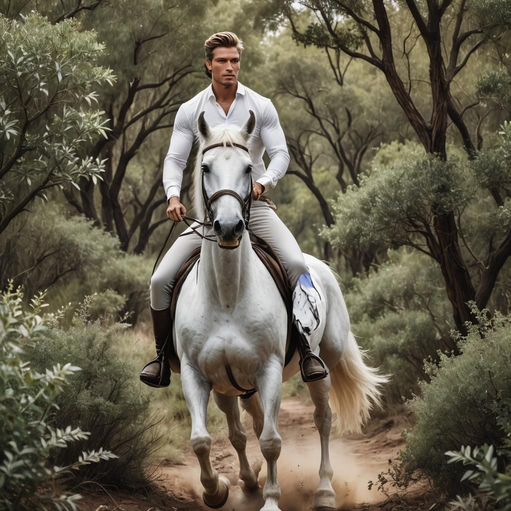 Handsome Man on White Horse in Bush