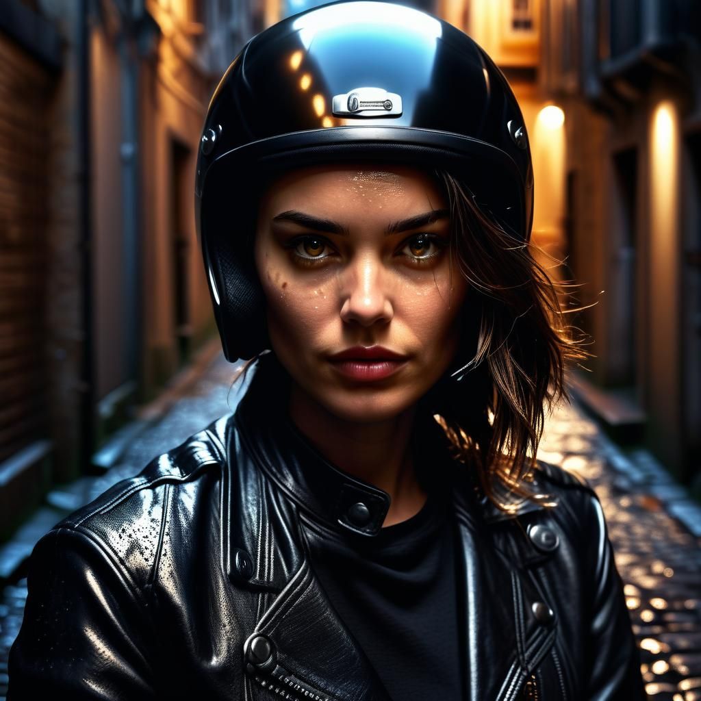 Hyper-Realistic Portrait of Confident Woman in Alleyway
