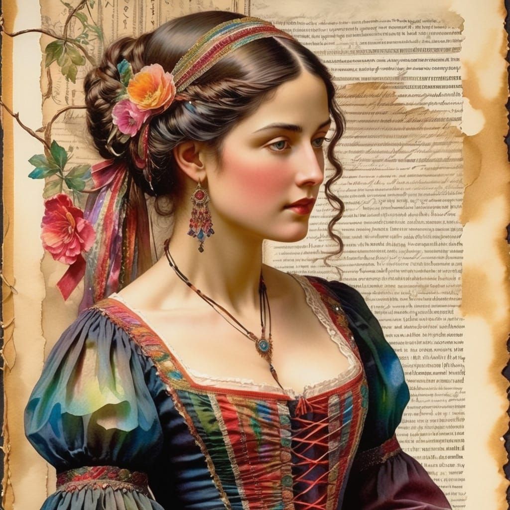 Elegant Gypsy Lady in Vintage Camp Scene