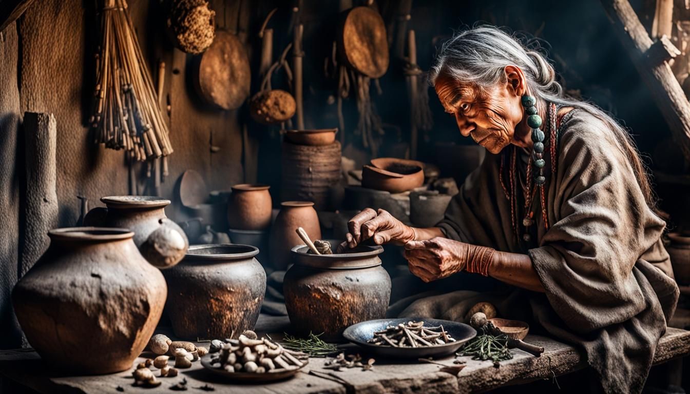 Young Shaman Woman Prepares Herbal Remedies