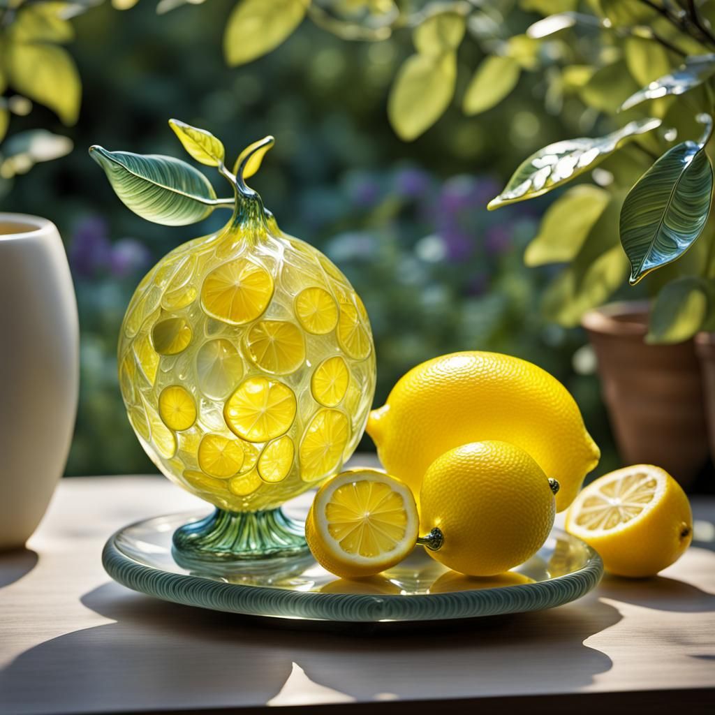 Intricate Blown Glass Lemon Sculpture in Morning Light