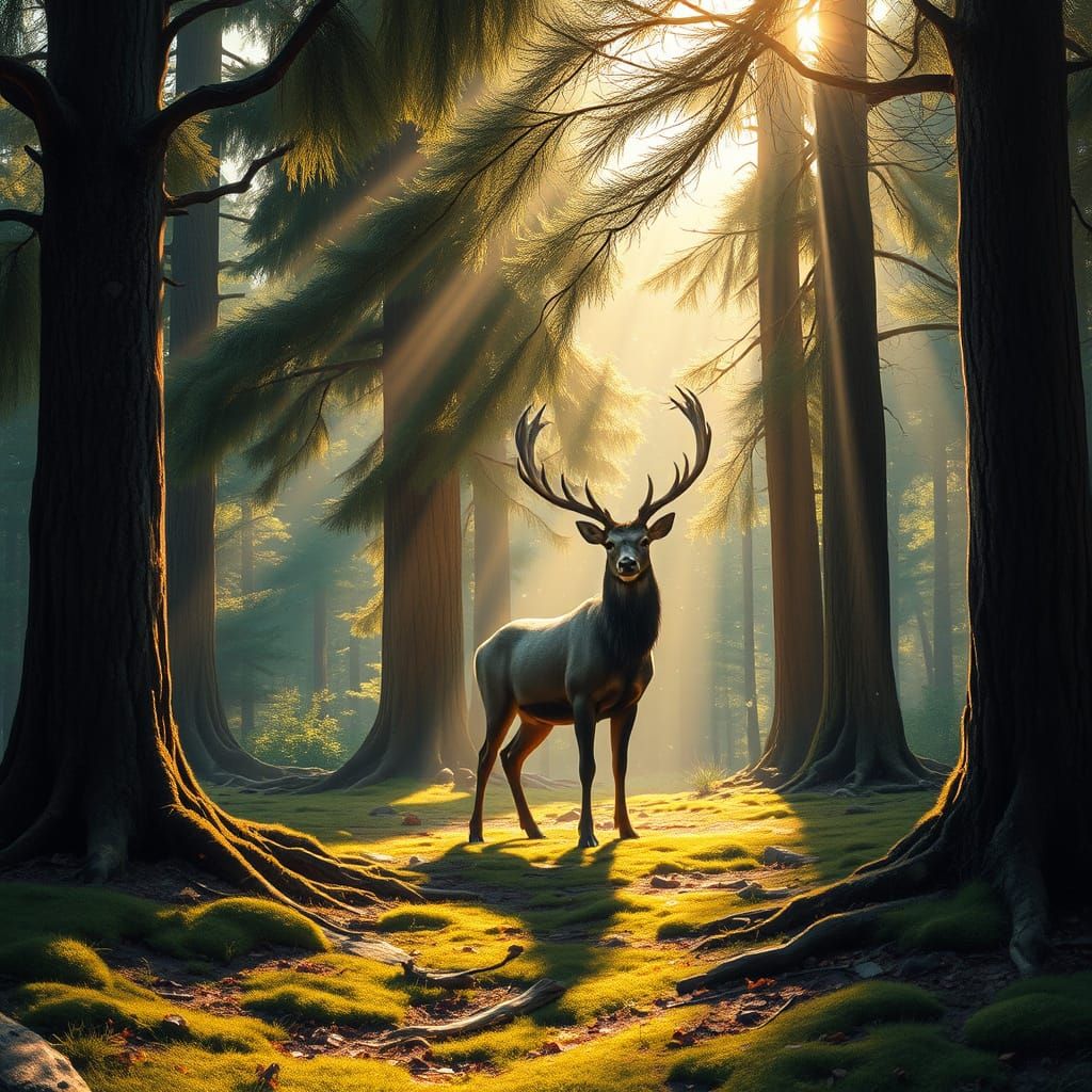 Majestic Stag in Sun-Dappled Forest Clearing