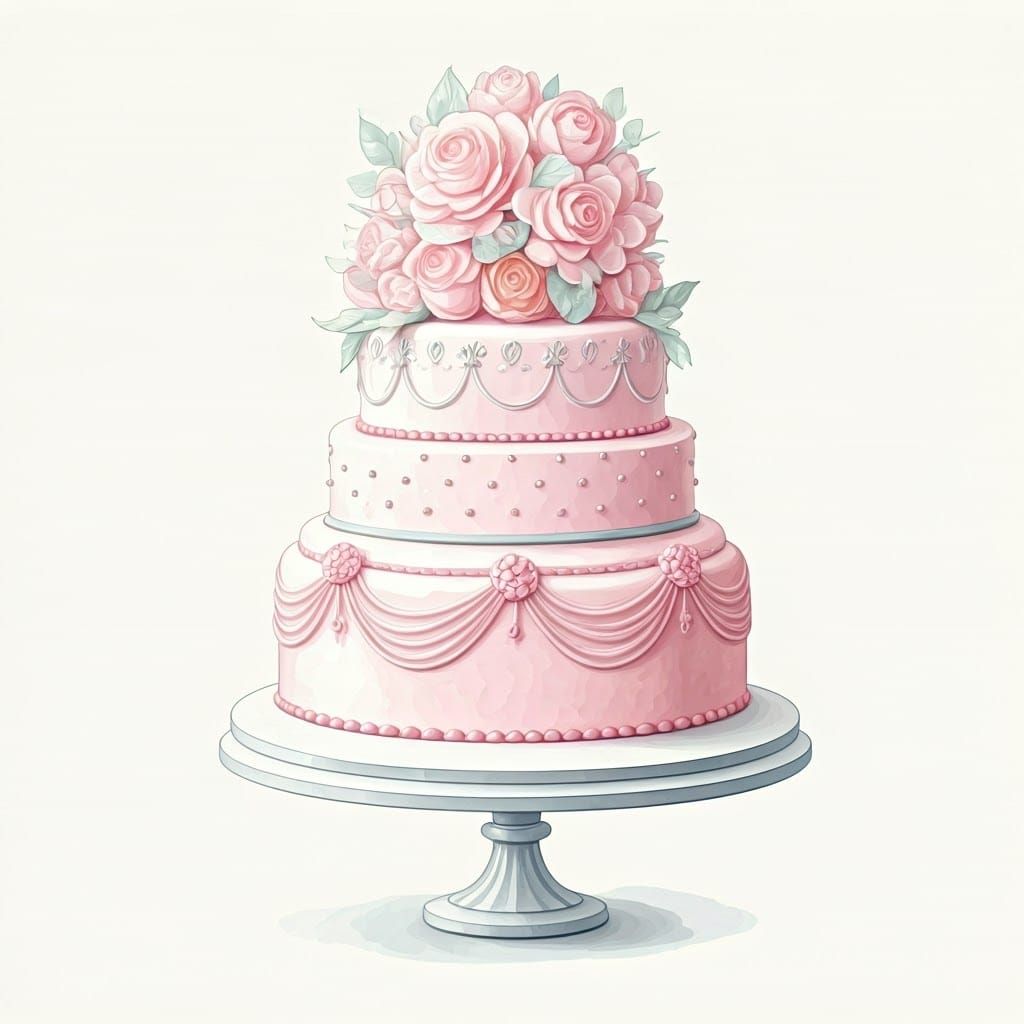 Elegant Pink Cake with Sugar Flowers in Watercolor Style