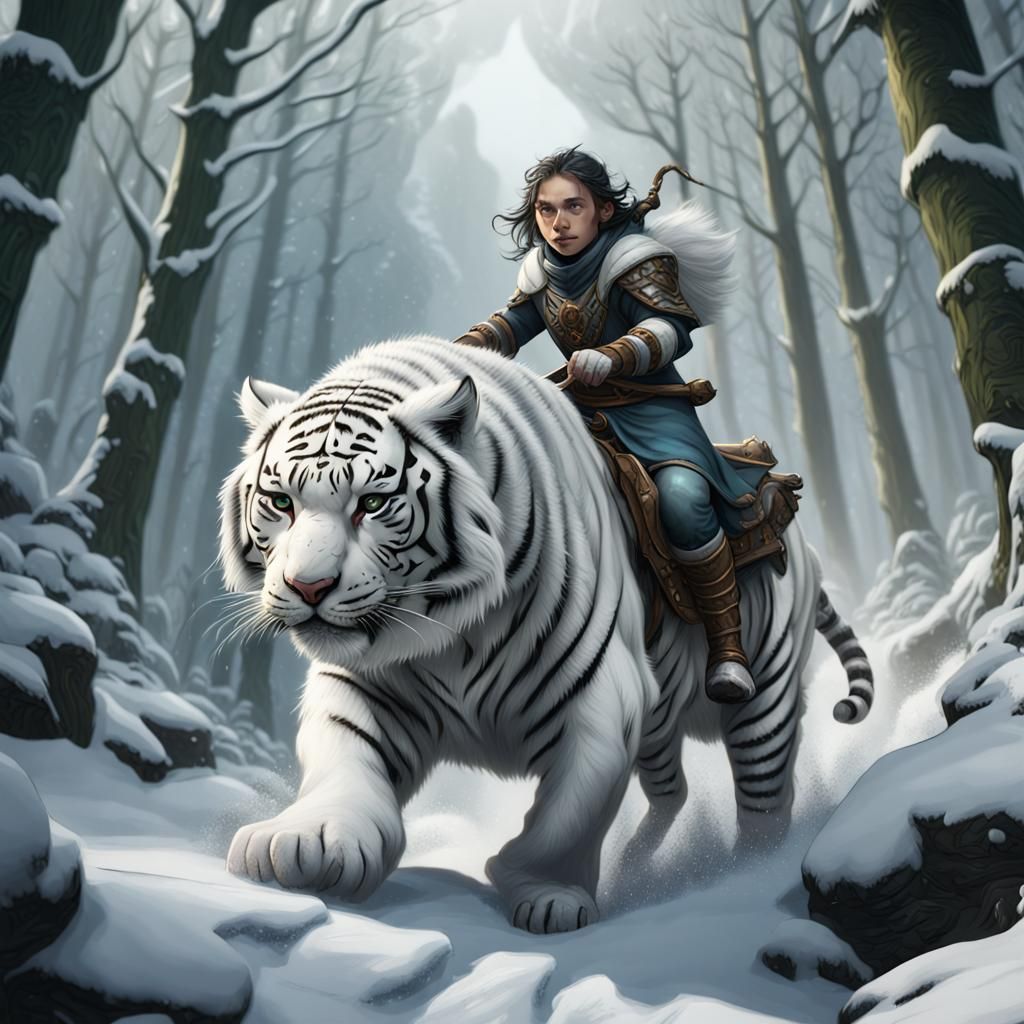 Halfling on White Tiger in Snowy Forest