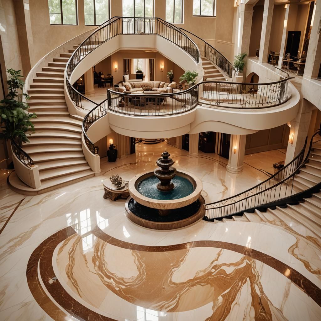 Luxury Living Room with Waterfall in Art Deco Style