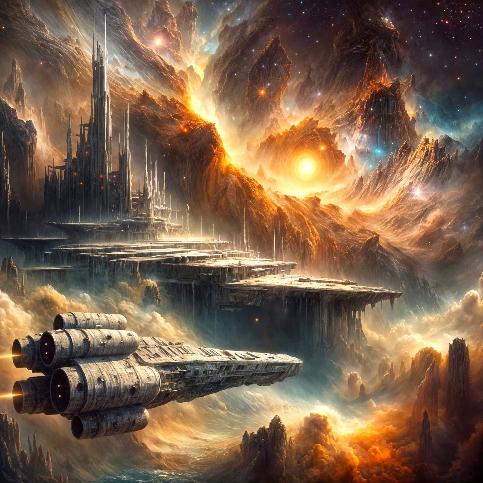 Lone Spaceship Explores Alien Planet in Cosmic Nebula