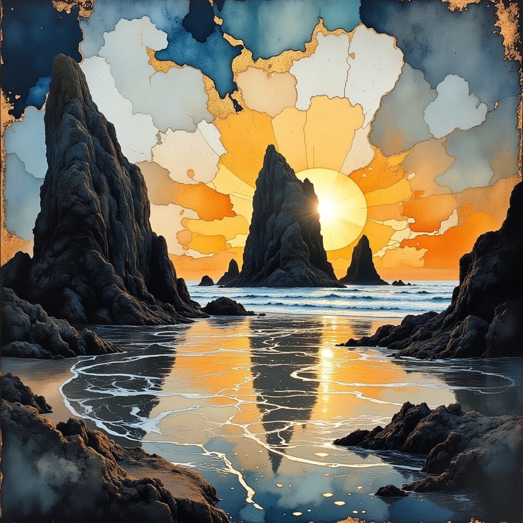 Surreal Sunset on the Oregon Coast in Neurographic Flux Styl...