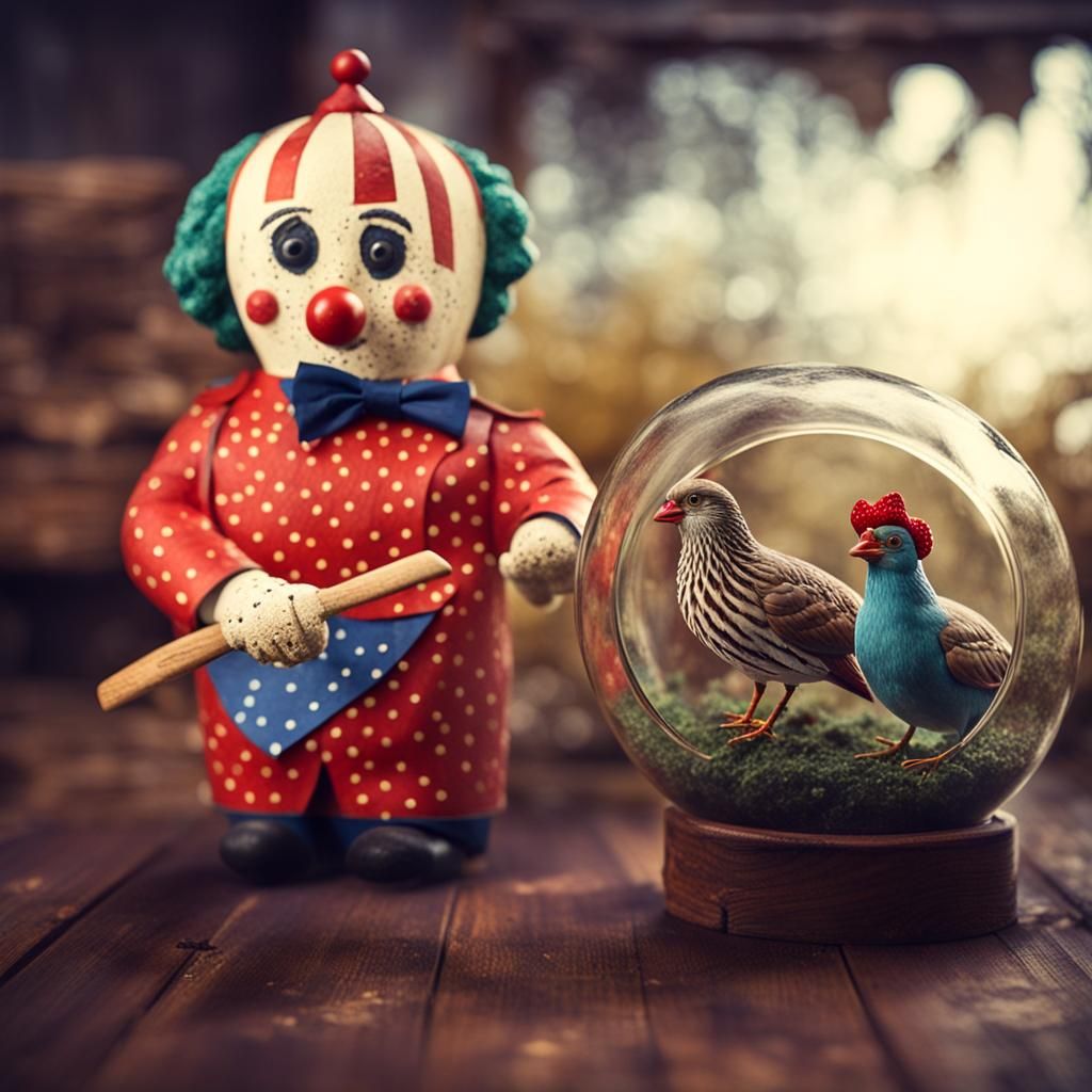 Sorrowful Clown and Hen in Terrarium