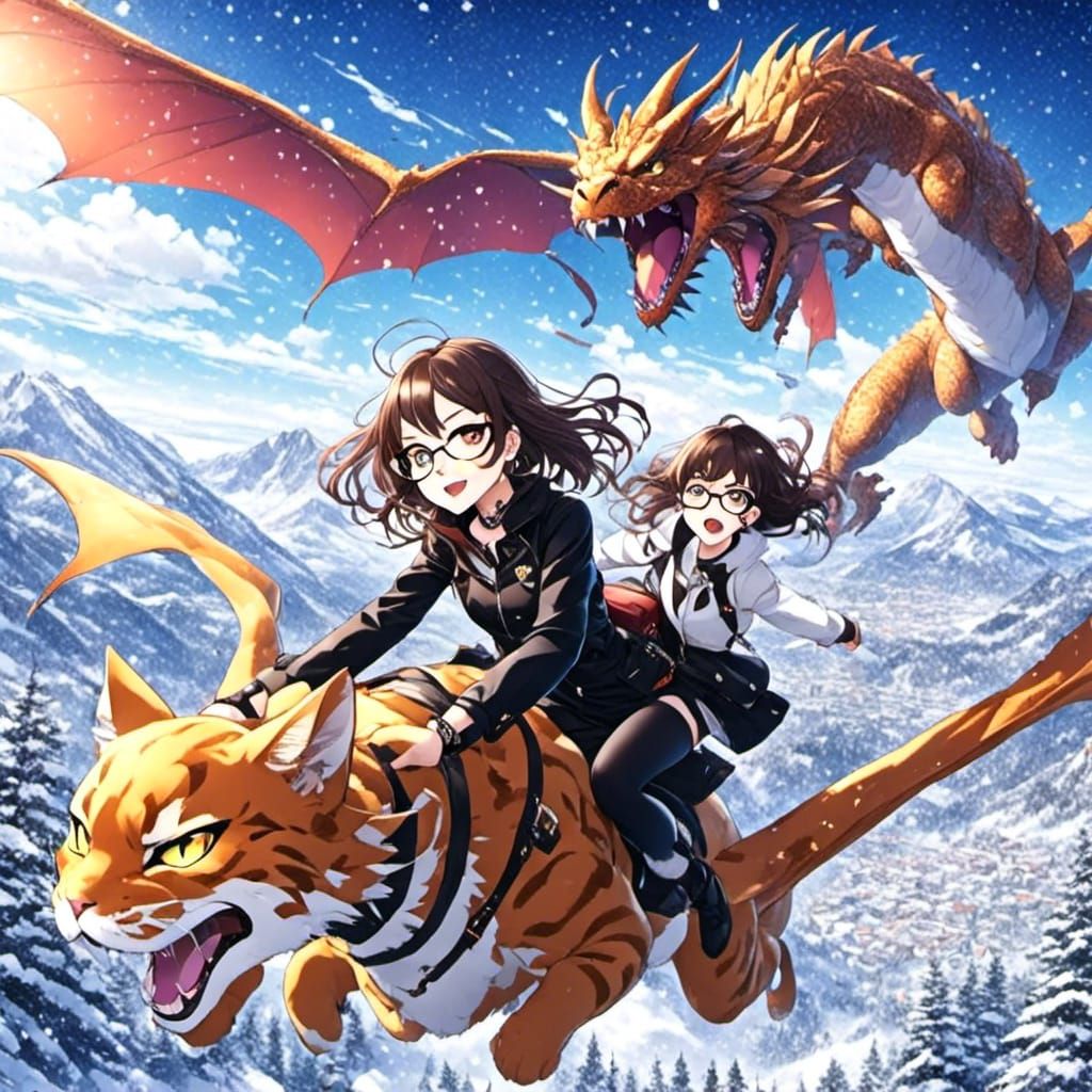 Girl Riding Dragon with Cat in Anime Style