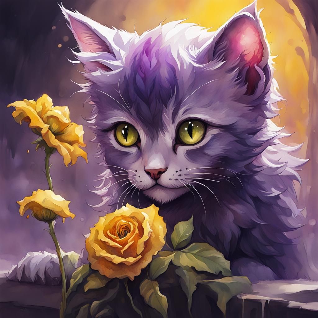 Sad Kitten with Dying Flower in Watercolor