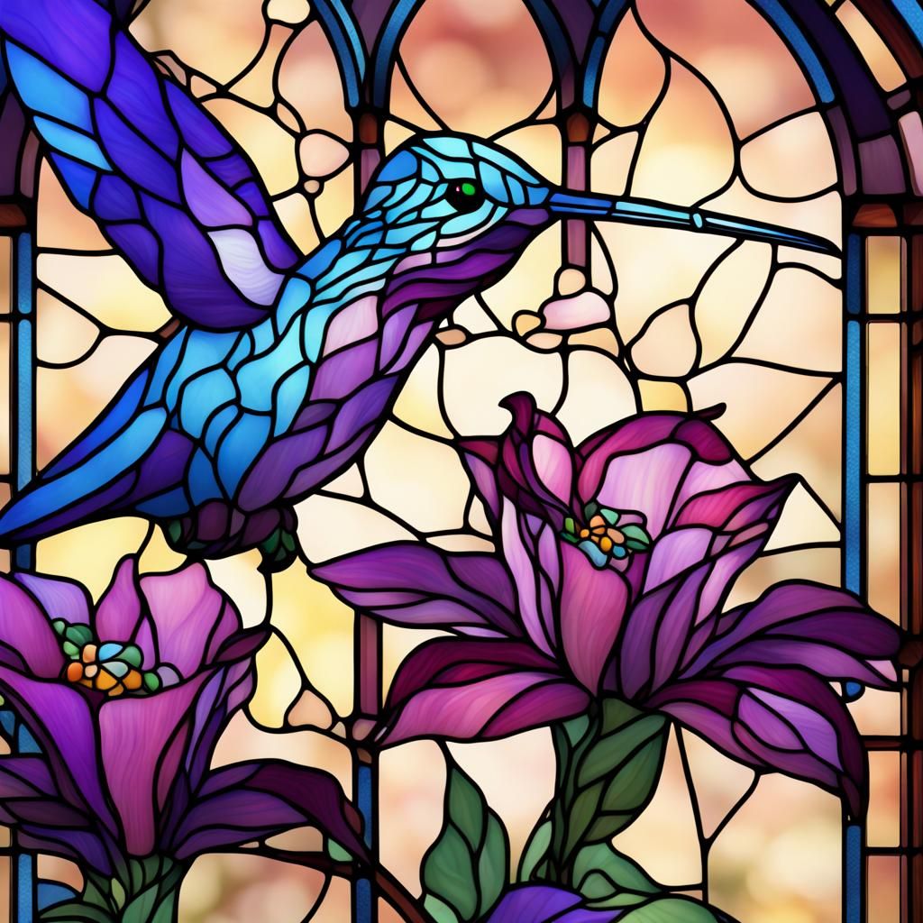 Stained Glass Hummingbird and Flower Art
