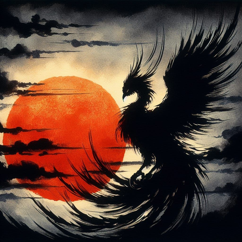 Shadow Phoenix in Sumi-e Oil Painting Style