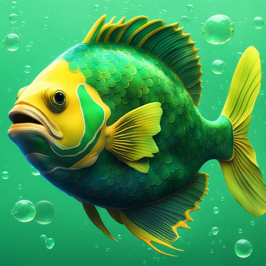 Green and Yellow Fish in Aquarium, Cloisonnism Style