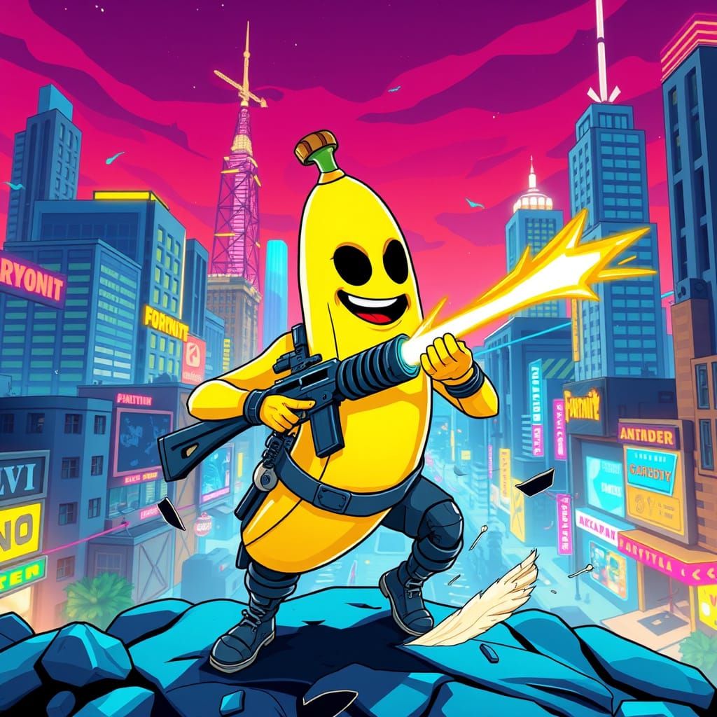 Peely and Renegade Raider Dance in Neon Cityscape