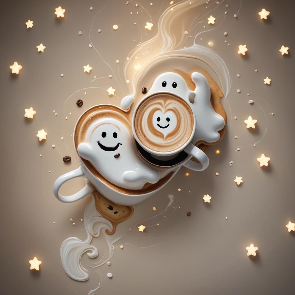 Cappuccino with Heart Latte Art and Cartoon Ghosts