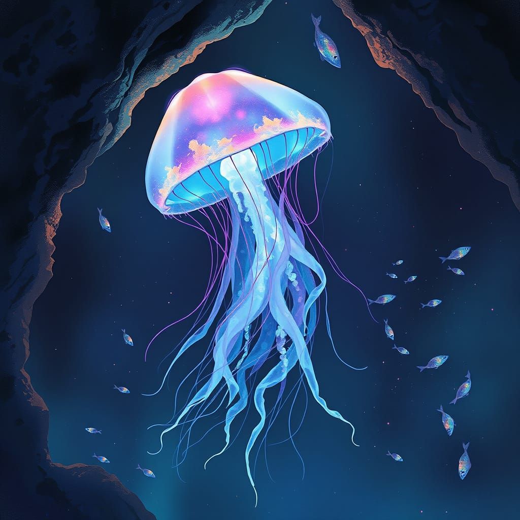 Bioluminescent Jellyfish in Deep-Sea Cave