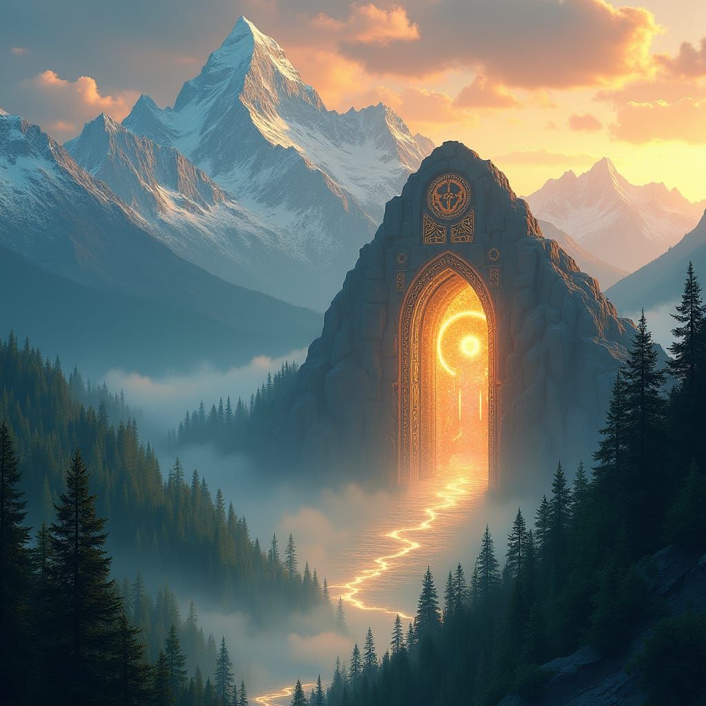 Glowing Portal to Mystical Mountain Landscape