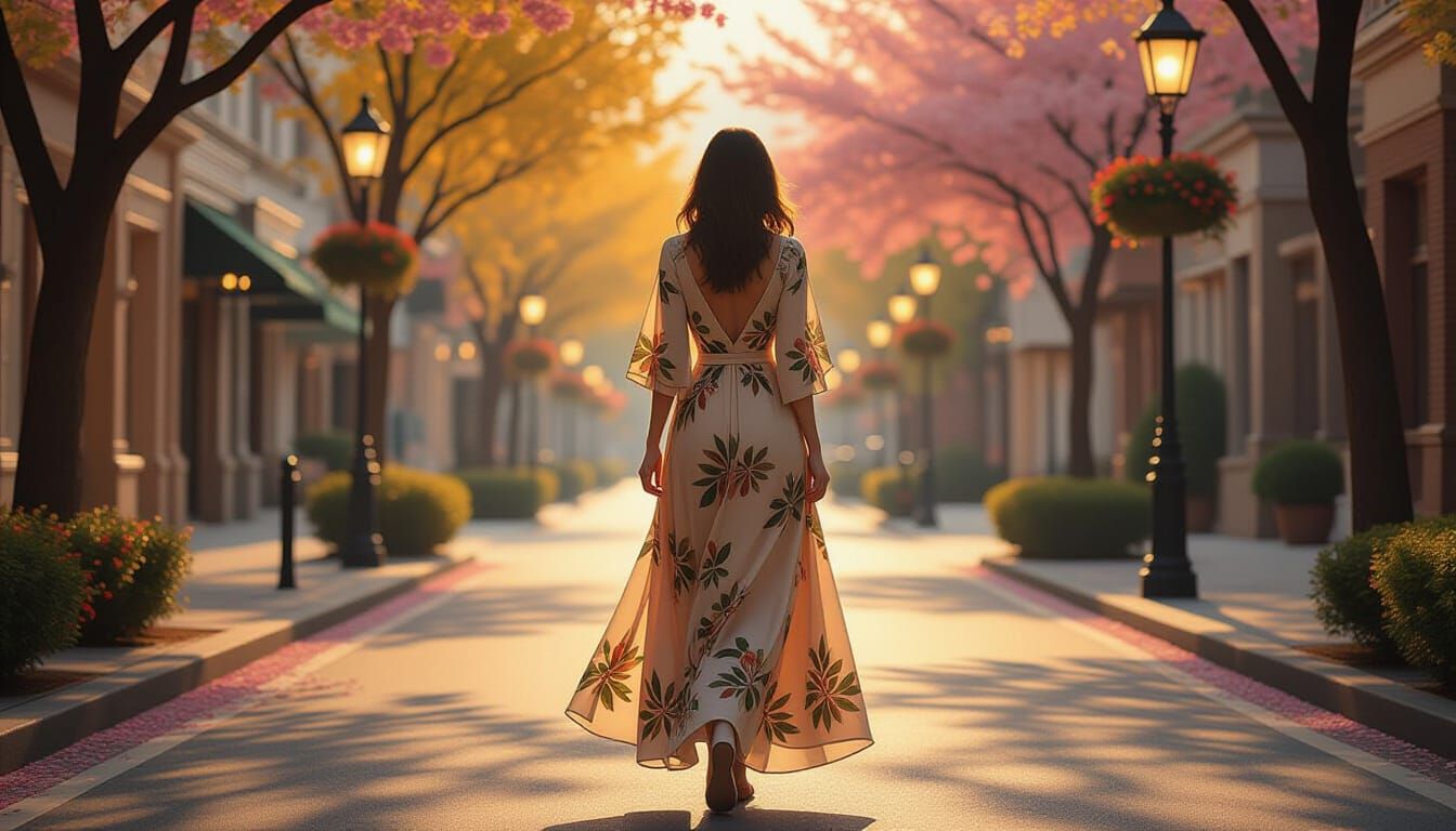 Woman in Spring Dress on Serene Street at Dusk