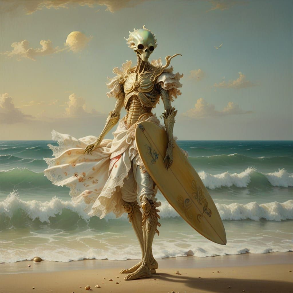 Rococo Alien Surfer in Warm Golden Light