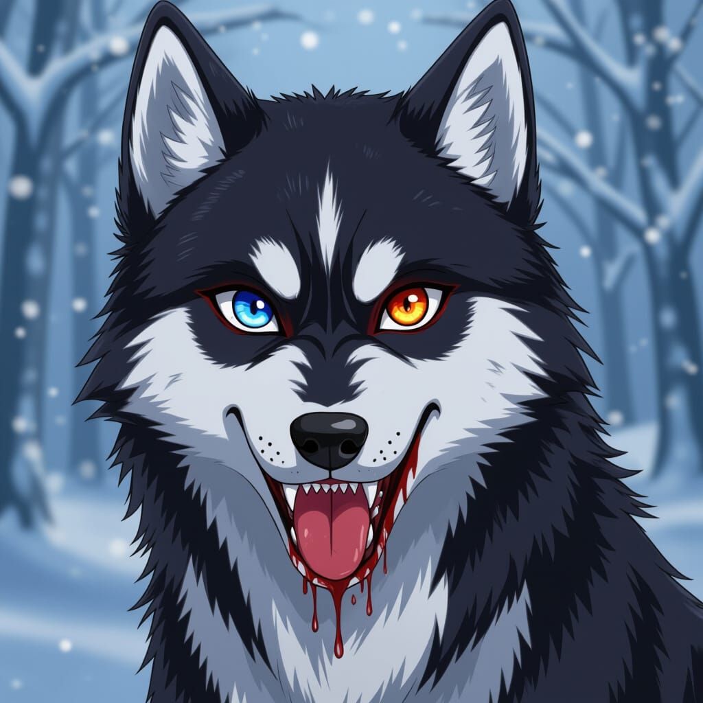 Menacing Black Husky with Heterochromia in Anime Style
