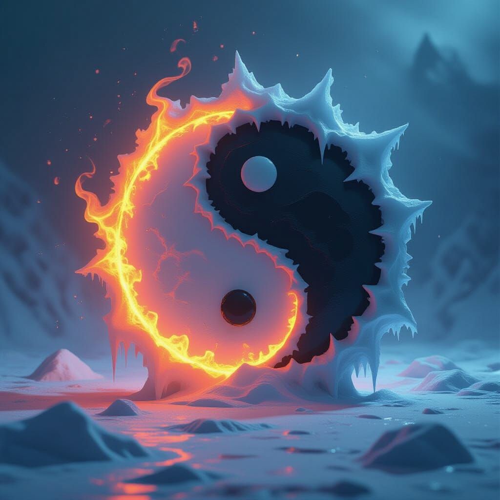 Icy and Fiery Yin Yang in 3D Art Style