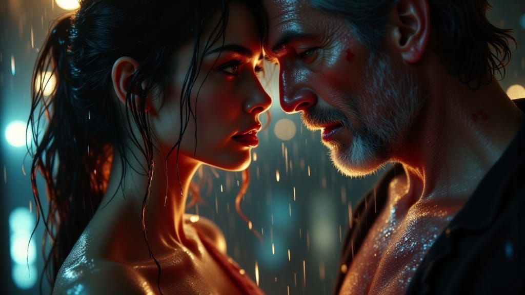 Rain-Soaked Encounter in Photorealistic Portrait