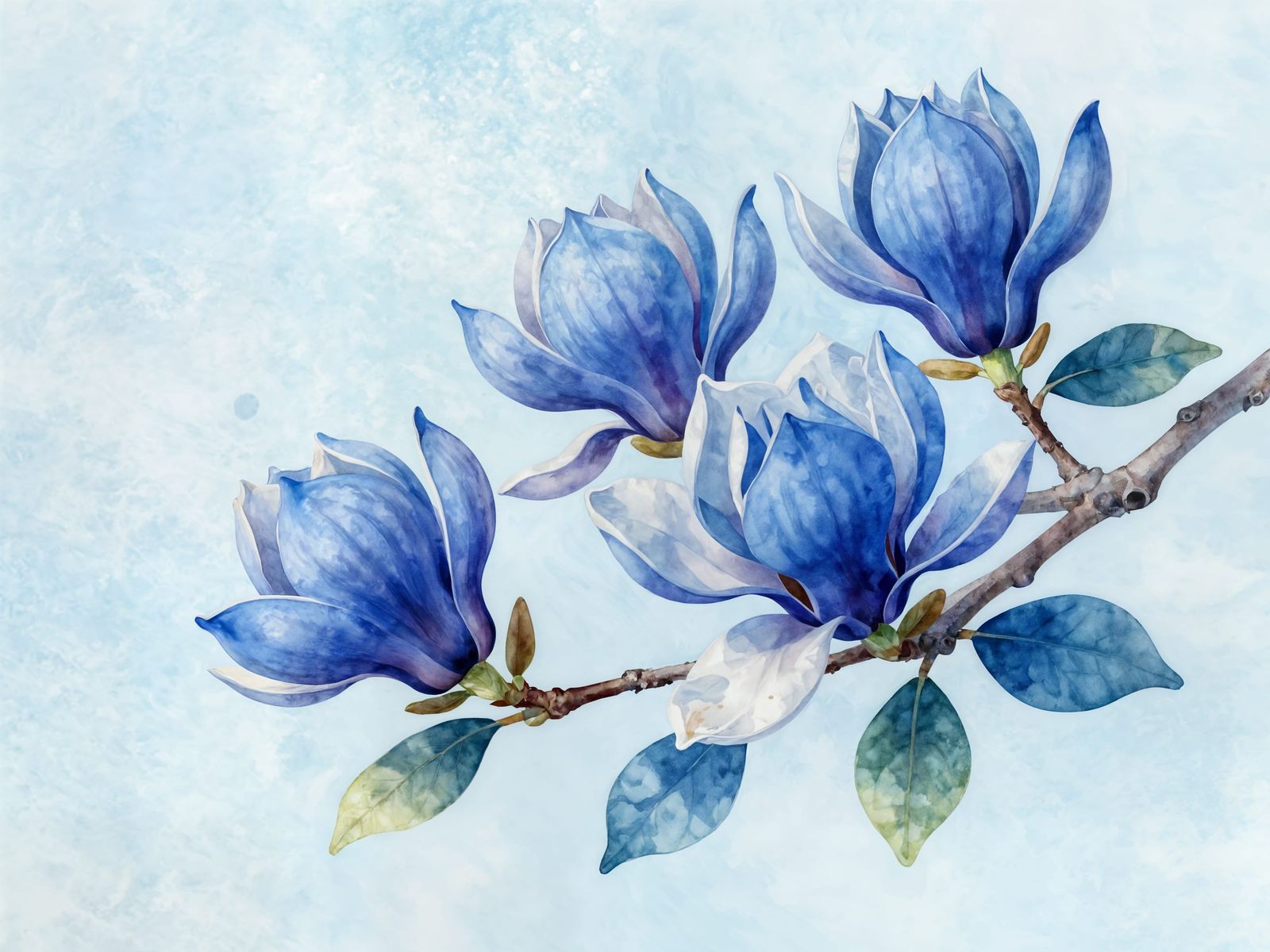 Vibrant Blue Magnolia Branch Watercolor Painting