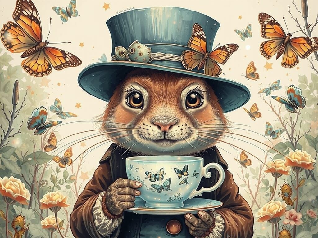 Rabbit in Hat Drinks Tea Under Stardust