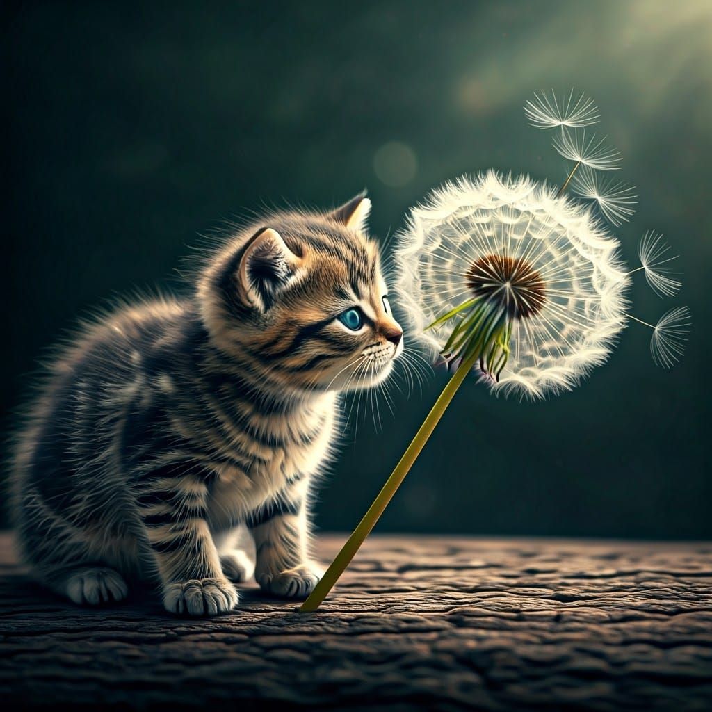 Kitten Sniffs Giant Dandelion in Digital Painting