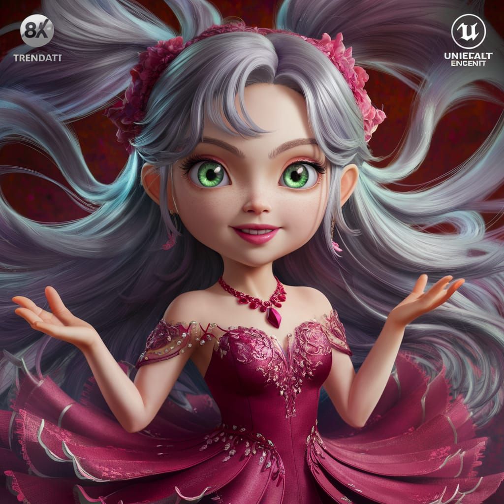 Chibi Girl in Burgundy Dress, Digital Art