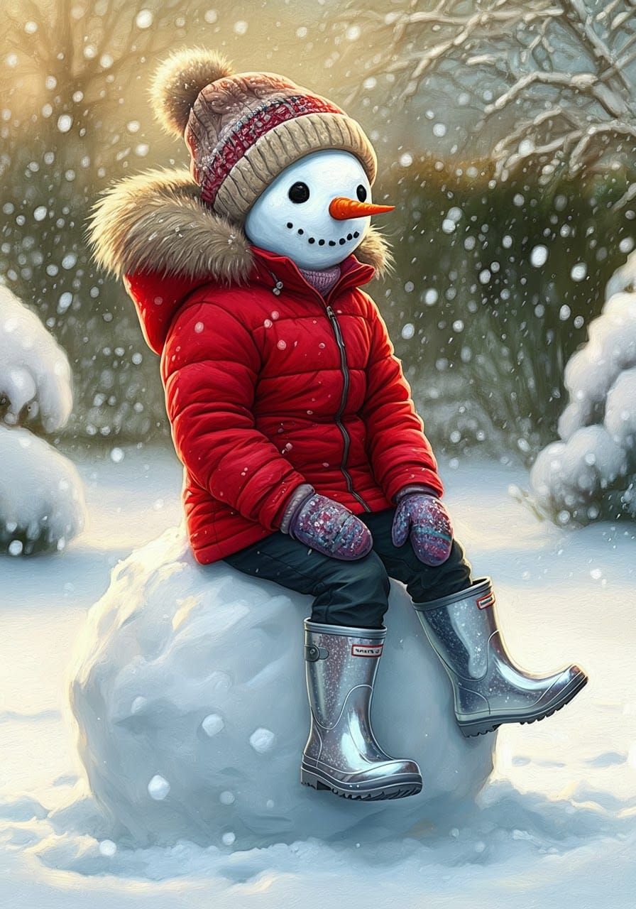 Child with Snowman Face in Winter Garden