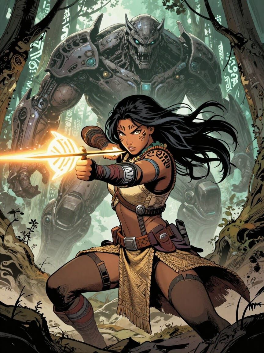 Tribal Warrior Battles Bio-Armor Beast in Forest