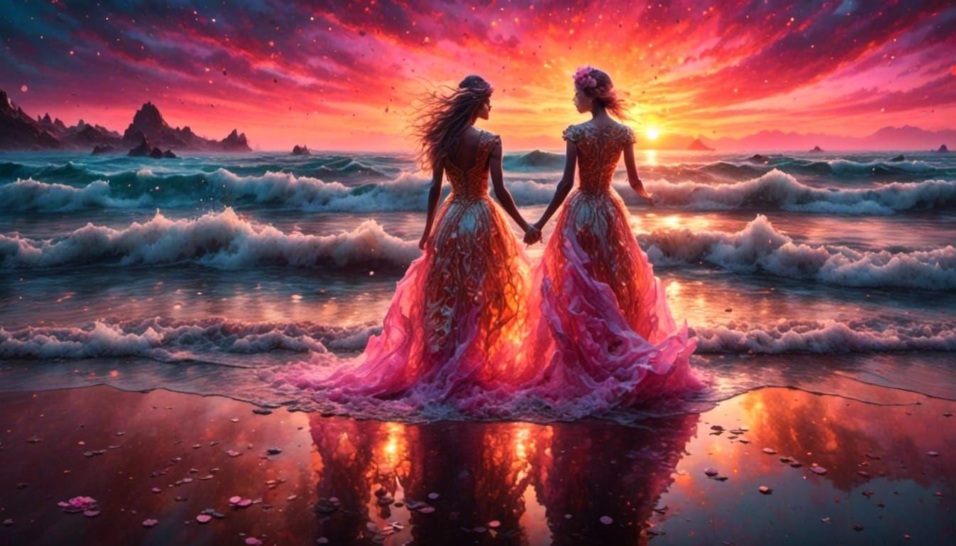 Watercolor Sunset Coastal View with Woman