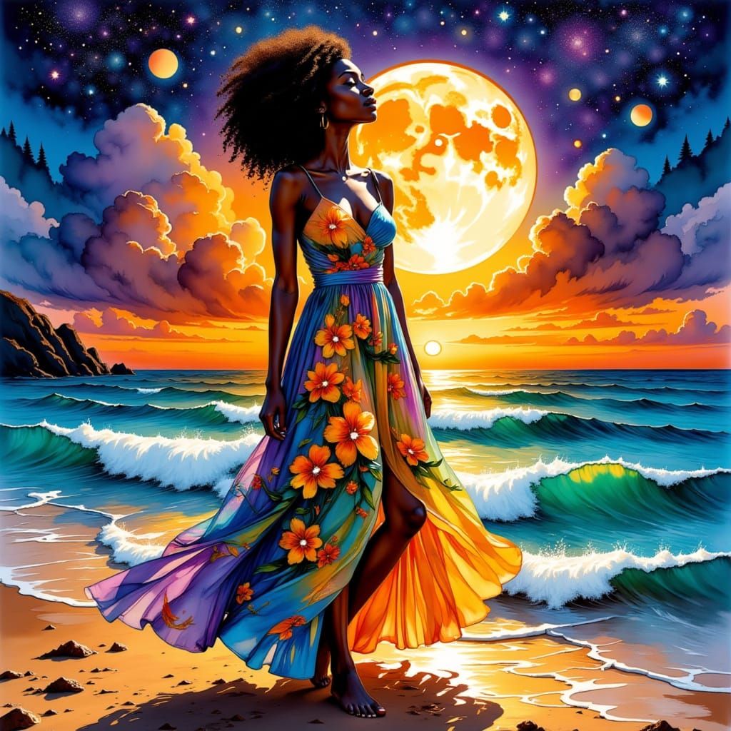 <lora:Wet Watercolor:1.0> Black women melanin, Black girl magic, sun, moon, stars, vast night sky, vivid colors, beach l...
