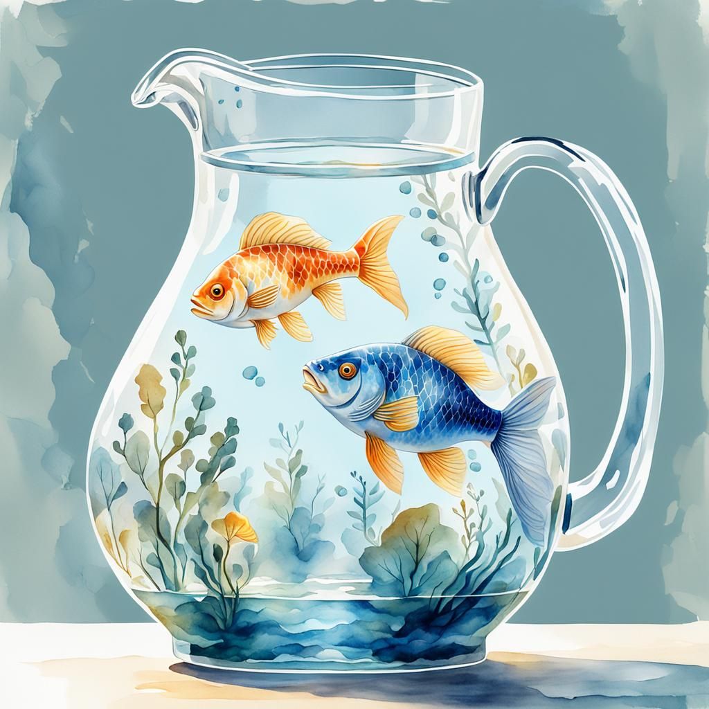 Koi Fish Swim in Transparent Glass Jug: Watercolor Style