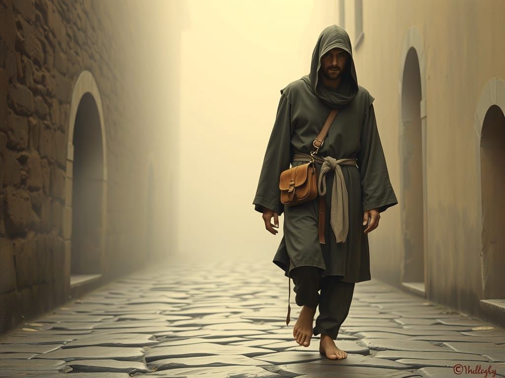 Medieval Monk Walks the Camino Realist Foggy Scene