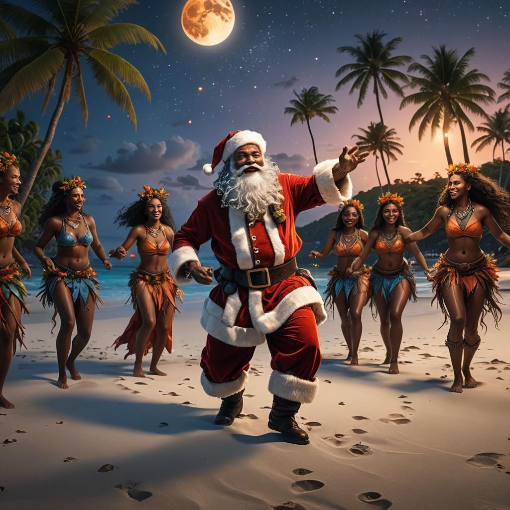Santa Claus Dancing with Island Girls: Fantasy Art