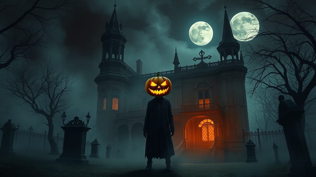 Eerie Graveyard Mansion with Jack-o-Lantern Figure