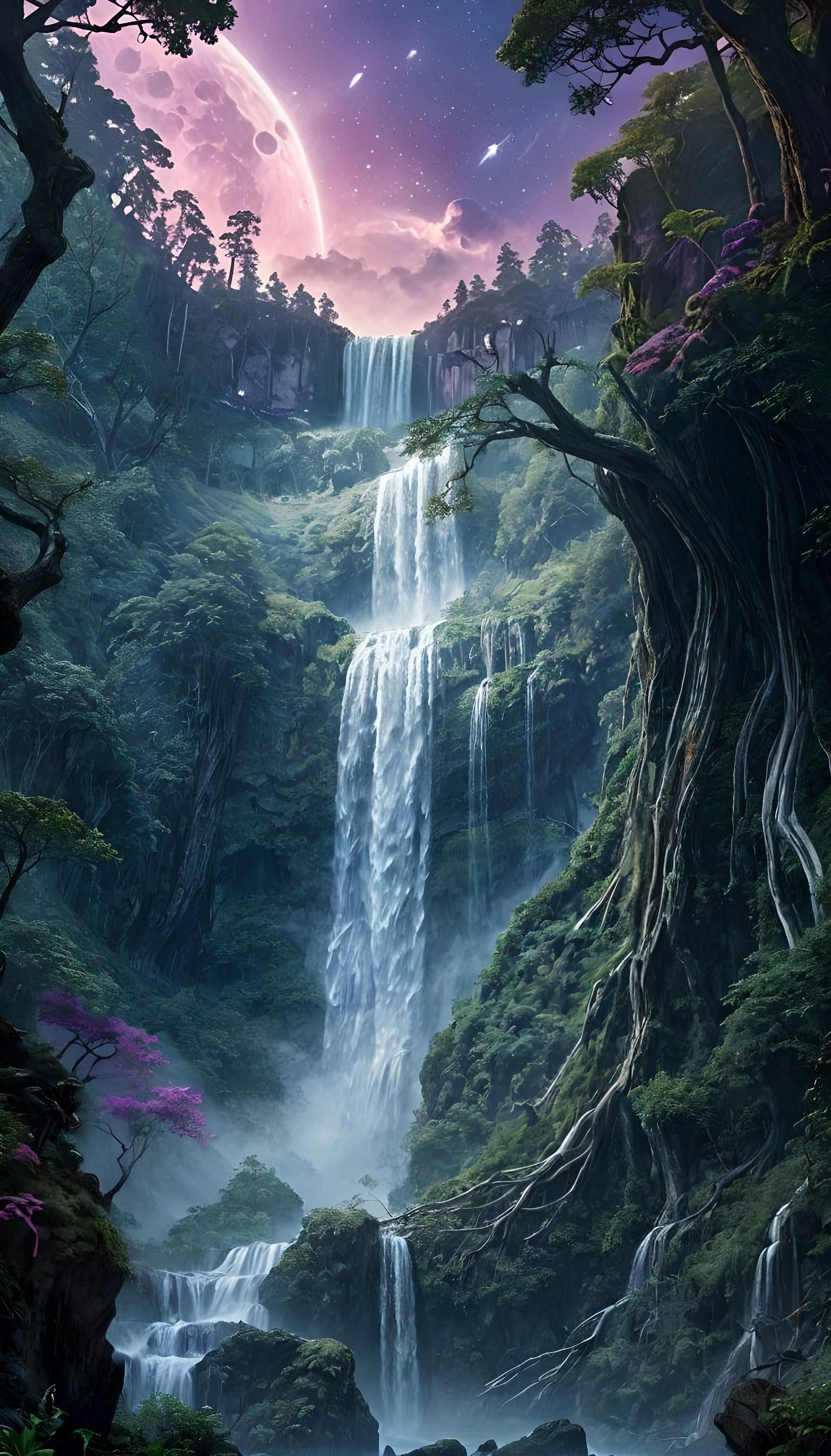 Alien Sky Over Magic Waterfall Landscape